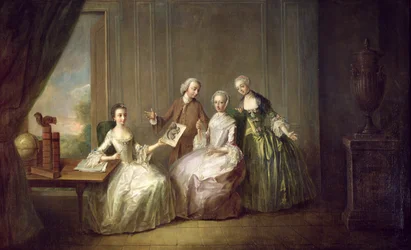 Famille dans un intérieur avec des écureuils, probablement la famille Burton d